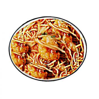 Spaghetti Marinara mit Meeresfrüchte, Knoblauch in Tomatensahnesauce