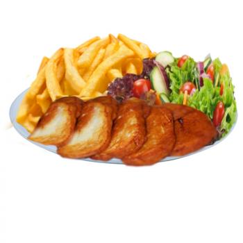 Knusprig gegrillter Halloumi-Käse serviert mit Pommes frites und buntem Salat. Die perfekte vegetarische Alternative für Genießer!