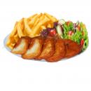 Knusprig gegrillter Halloumi-Käse serviert mit Pommes frites und buntem Salat. Die perfekte vegetarische Alternative für Genießer!